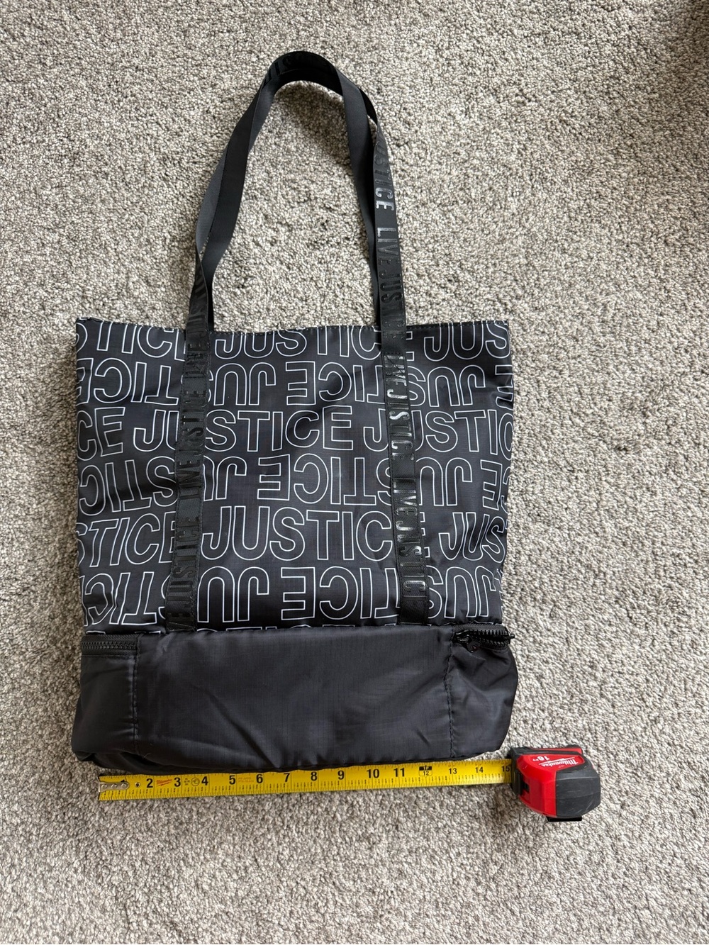 Justice Black Logo Repeat Tote